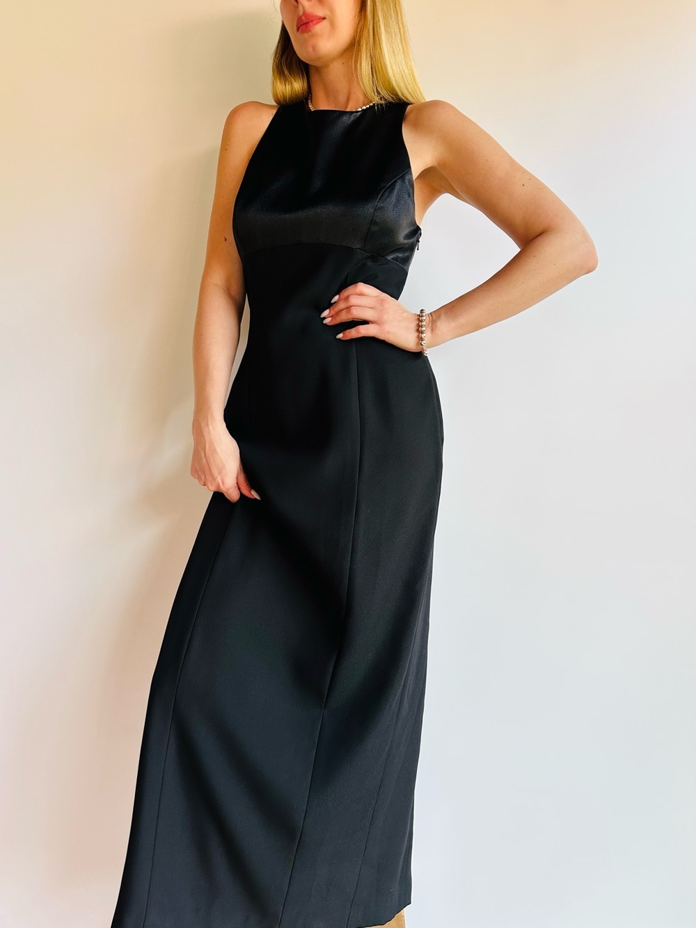 Papell Boutique Black Tie Satin Formal Evening Gown Sleeveless Maxi Dress